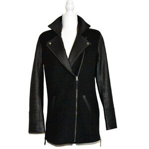 Lucky Brand Black Wool Leather Mid Length Moto Biker Jacket Coat Size XS